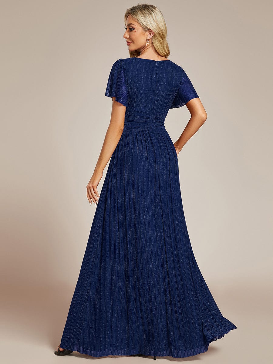 Sparkle Short Sleeves Formal Evening Dress with V-Neck #color_Navy Blue