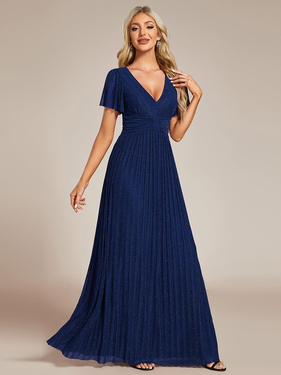 Sparkle Short Sleeves Formal Evening Dress with V-Neck #color_Navy Blue