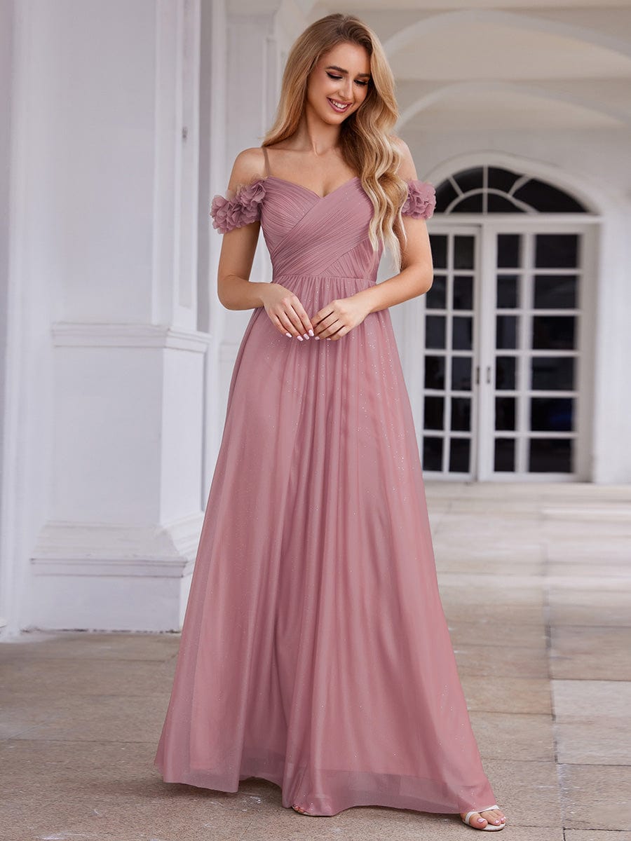 Sparkling V-Neck Cold-Shoulder Pleated Evening Dress with Floral Details #color_Purple Orchid