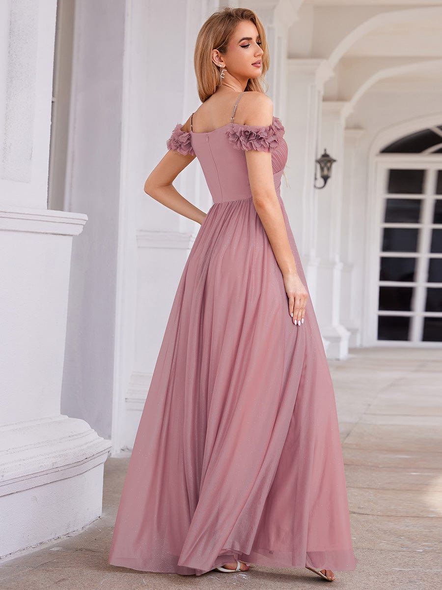 Sparkling V-Neck Cold-Shoulder Pleated Evening Dress with Floral Details #color_Purple Orchid