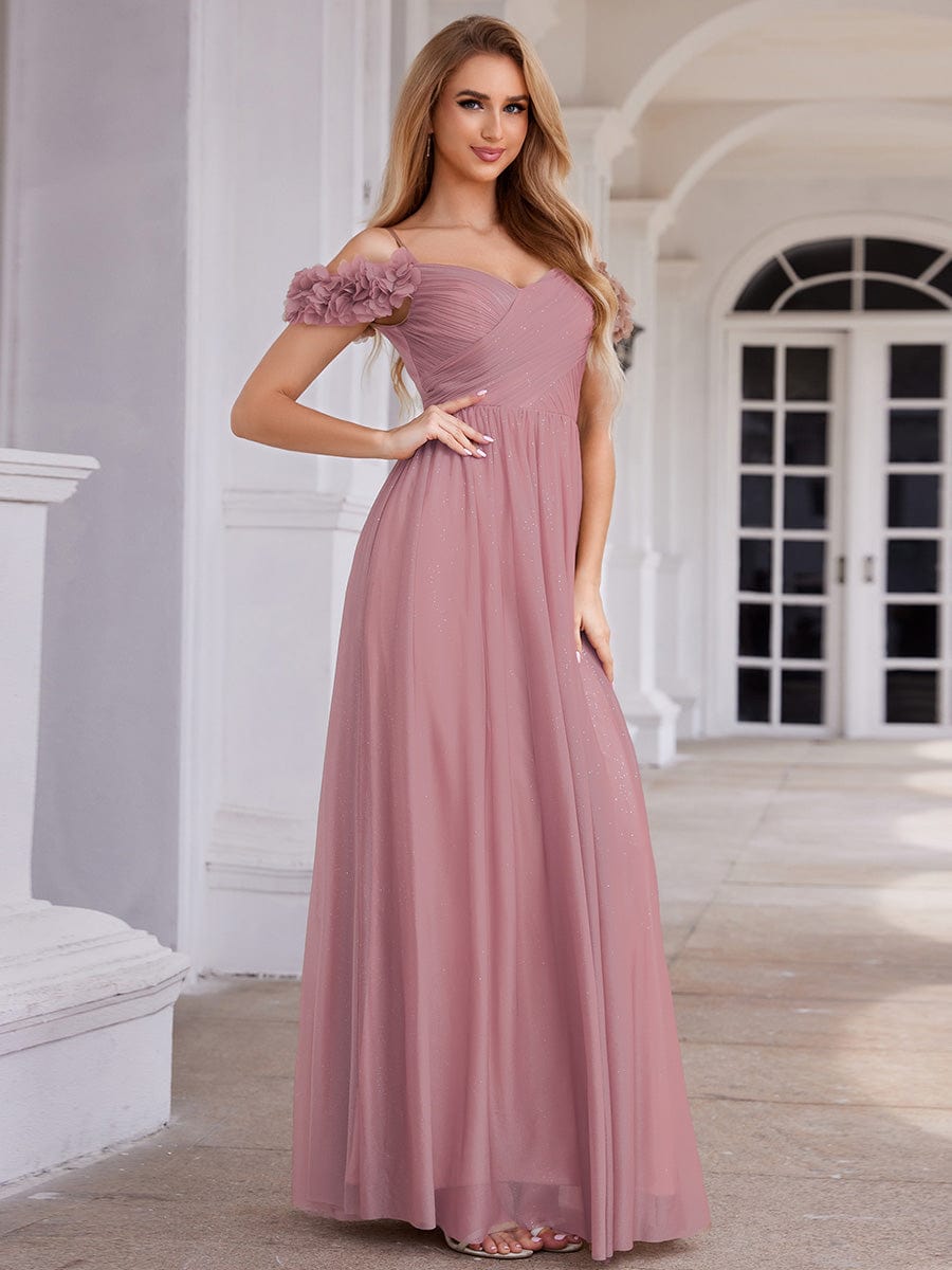 Sparkling V-Neck Cold-Shoulder Pleated Evening Dress with Floral Details