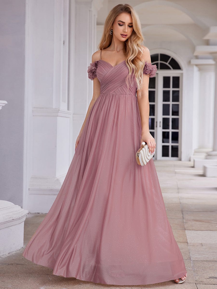 Sparkling V-Neck Cold-Shoulder Pleated Evening Dress with Floral Details #color_Purple Orchid