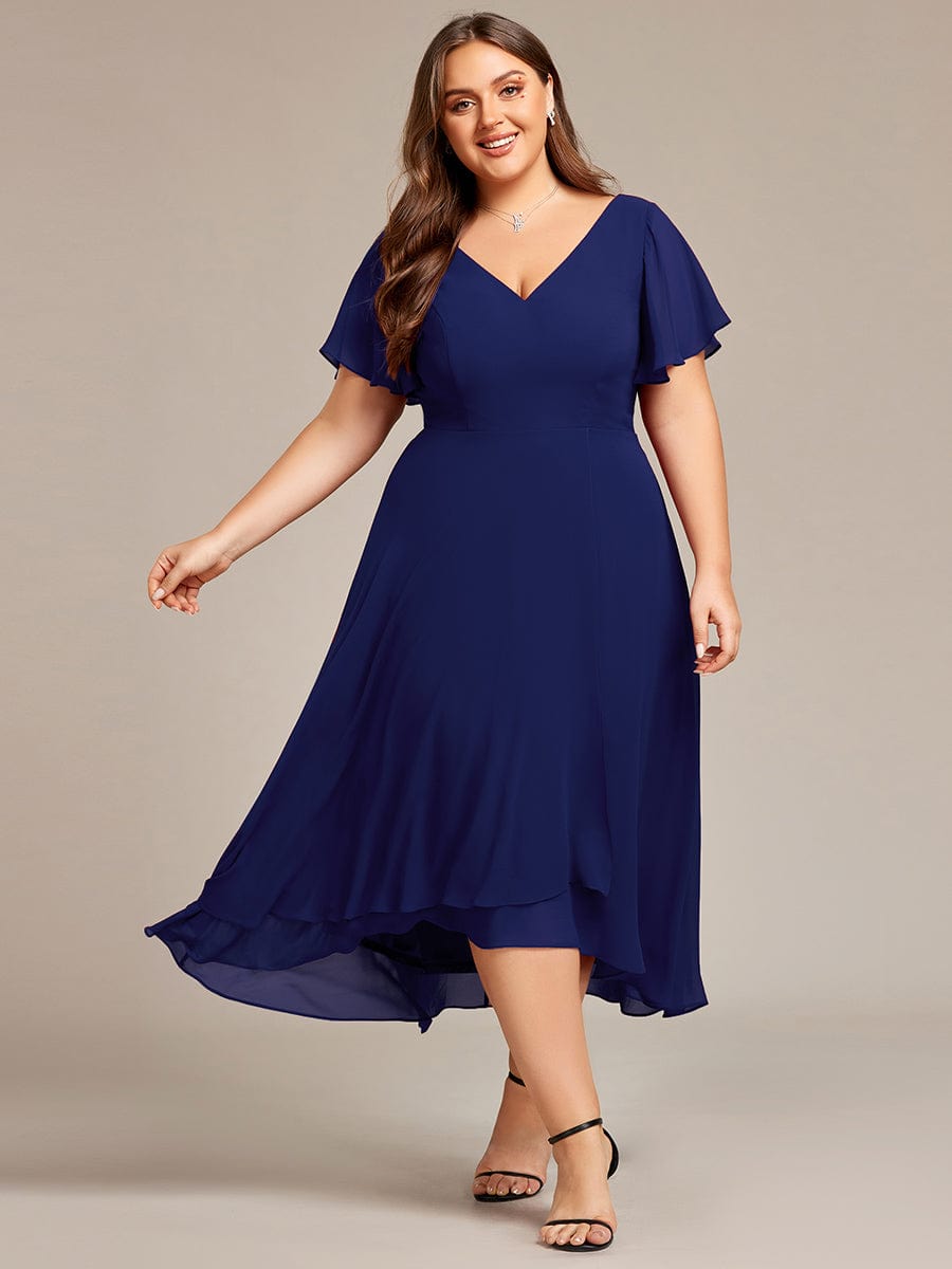 Plus Size High Low Chiffon Wedding Guest Dress with V-Neck and Ruffle Sleeves #Color_Navy Blue