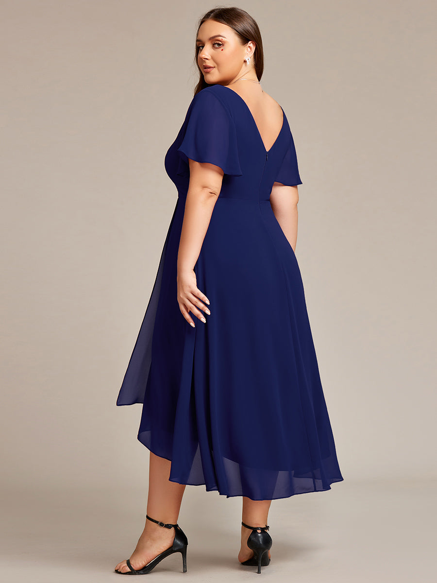 Plus Size High Low Chiffon Wedding Guest Dress with V-Neck and Ruffle Sleeves #Color_Navy Blue