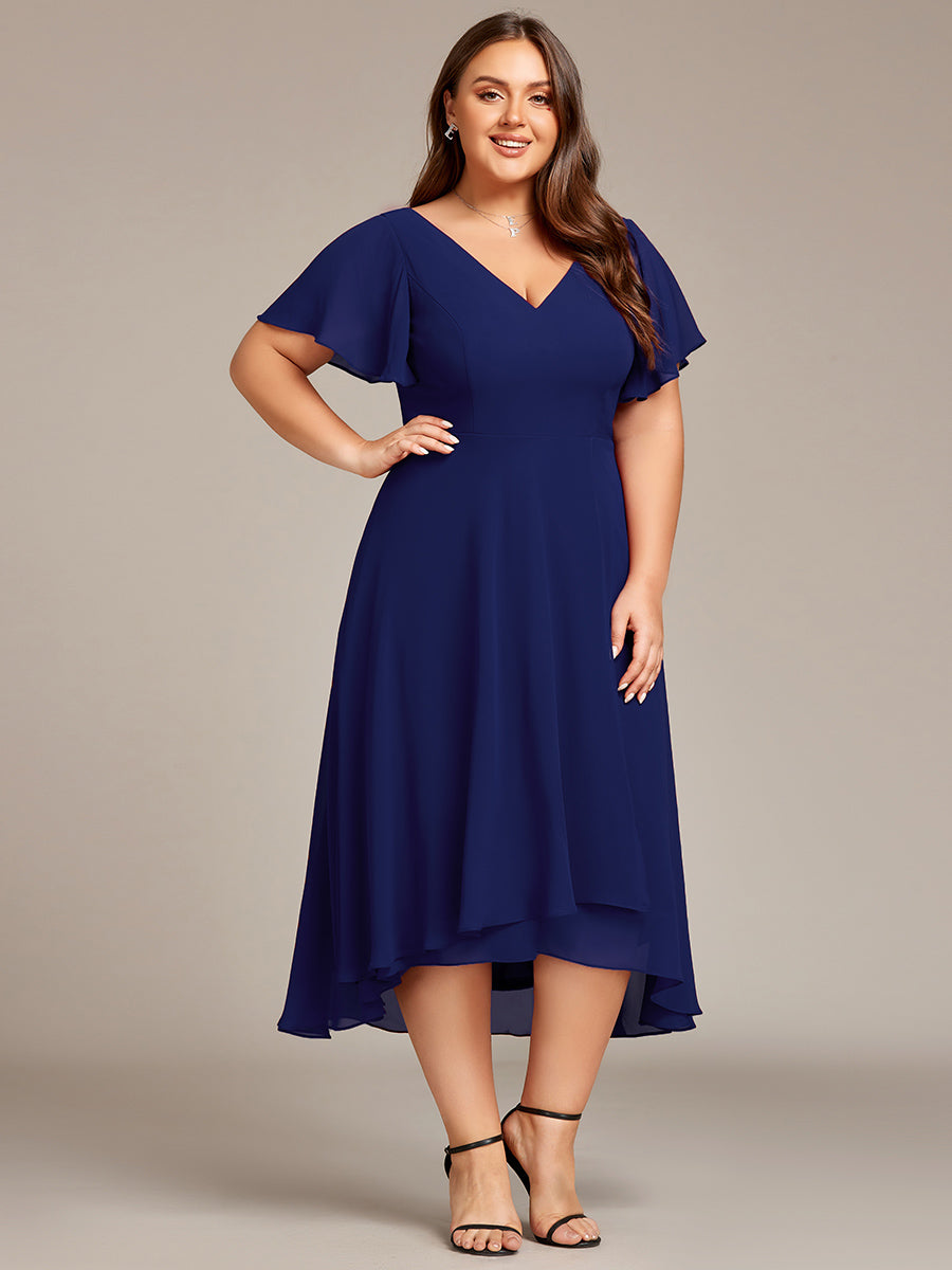 Plus Size High Low Chiffon Wedding Guest Dress with V-Neck and Ruffle Sleeves #Color_Navy Blue