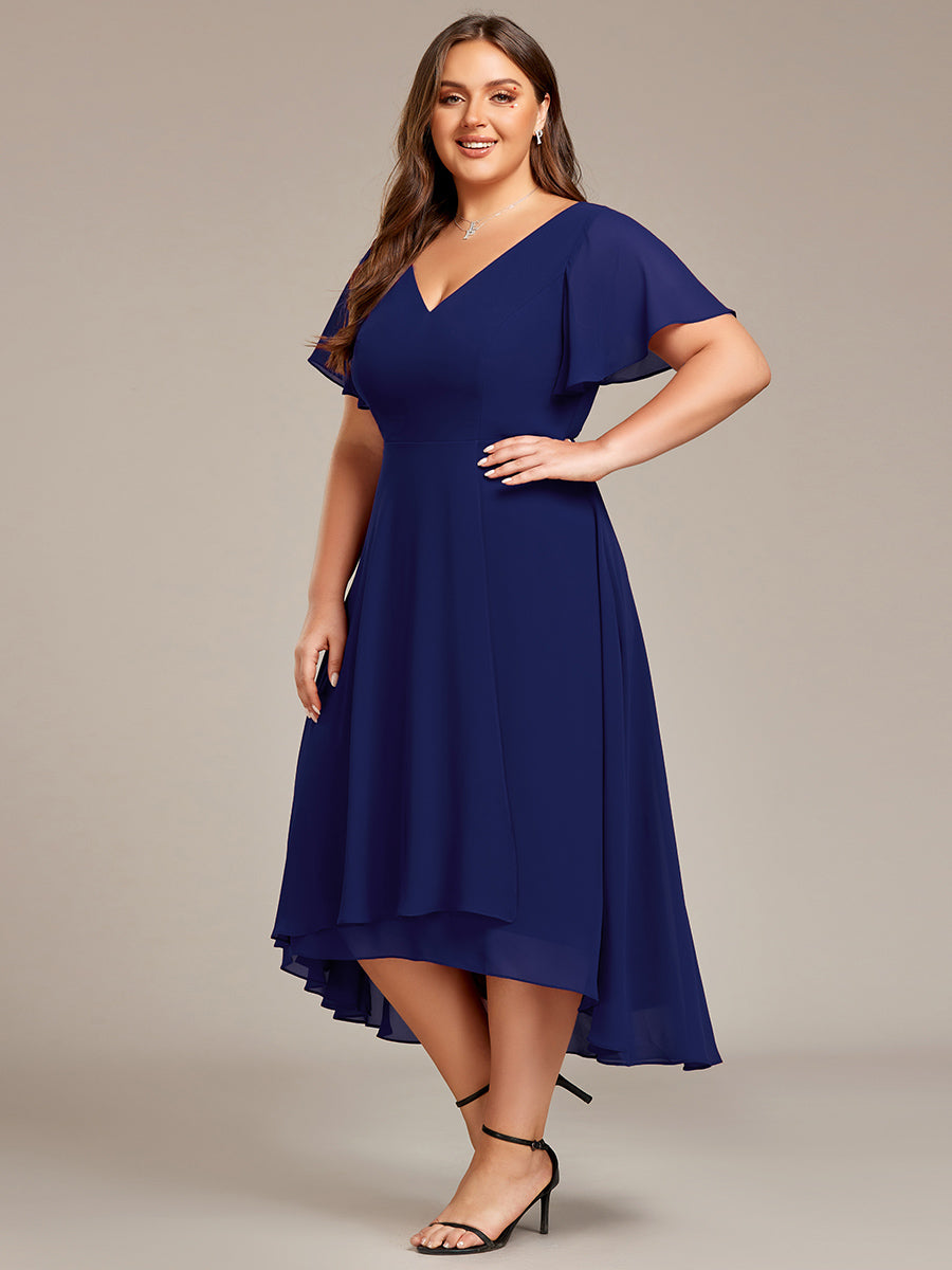 Plus Size High Low Chiffon Wedding Guest Dress with V-Neck and Ruffle Sleeves #Color_Navy Blue