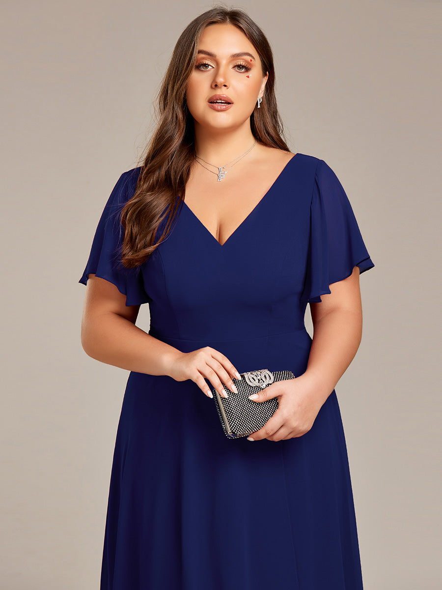 Plus Size High Low Chiffon Wedding Guest Dress with V-Neck and Ruffle Sleeves #Color_Navy Blue