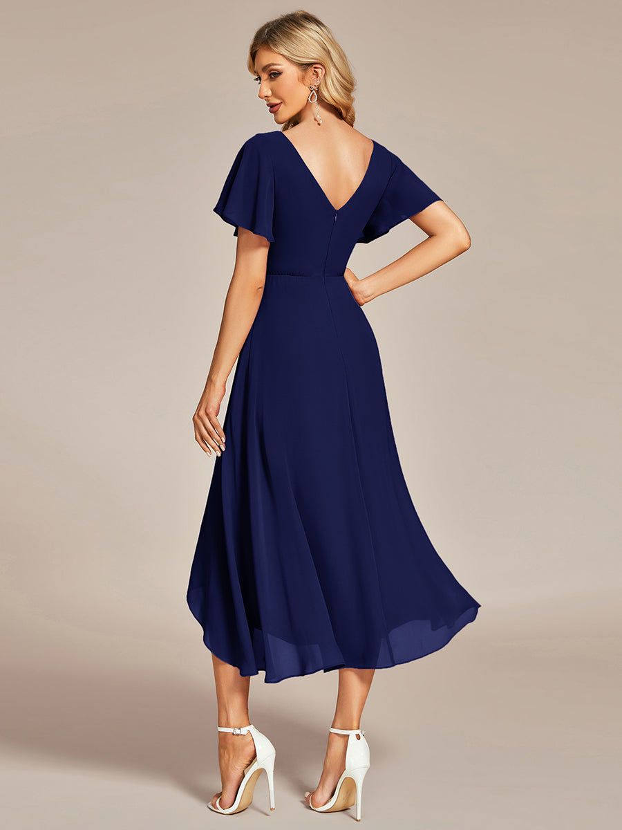 High Low Chiffon Wedding Guest Dress with V-Neck and Ruffle Sleeves #Color_Navy Blue