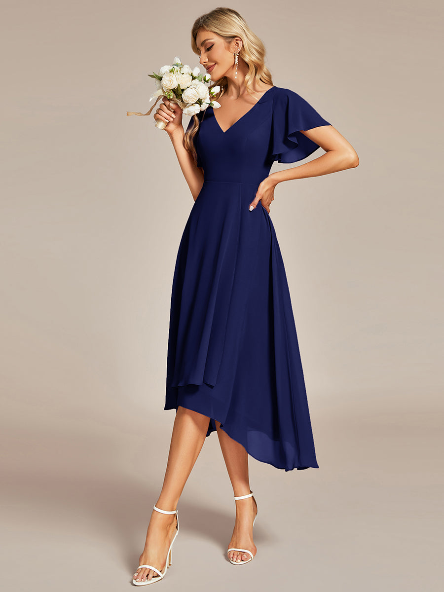 High Low Chiffon Wedding Guest Dress with V-Neck and Ruffle Sleeves #Color_Navy Blue