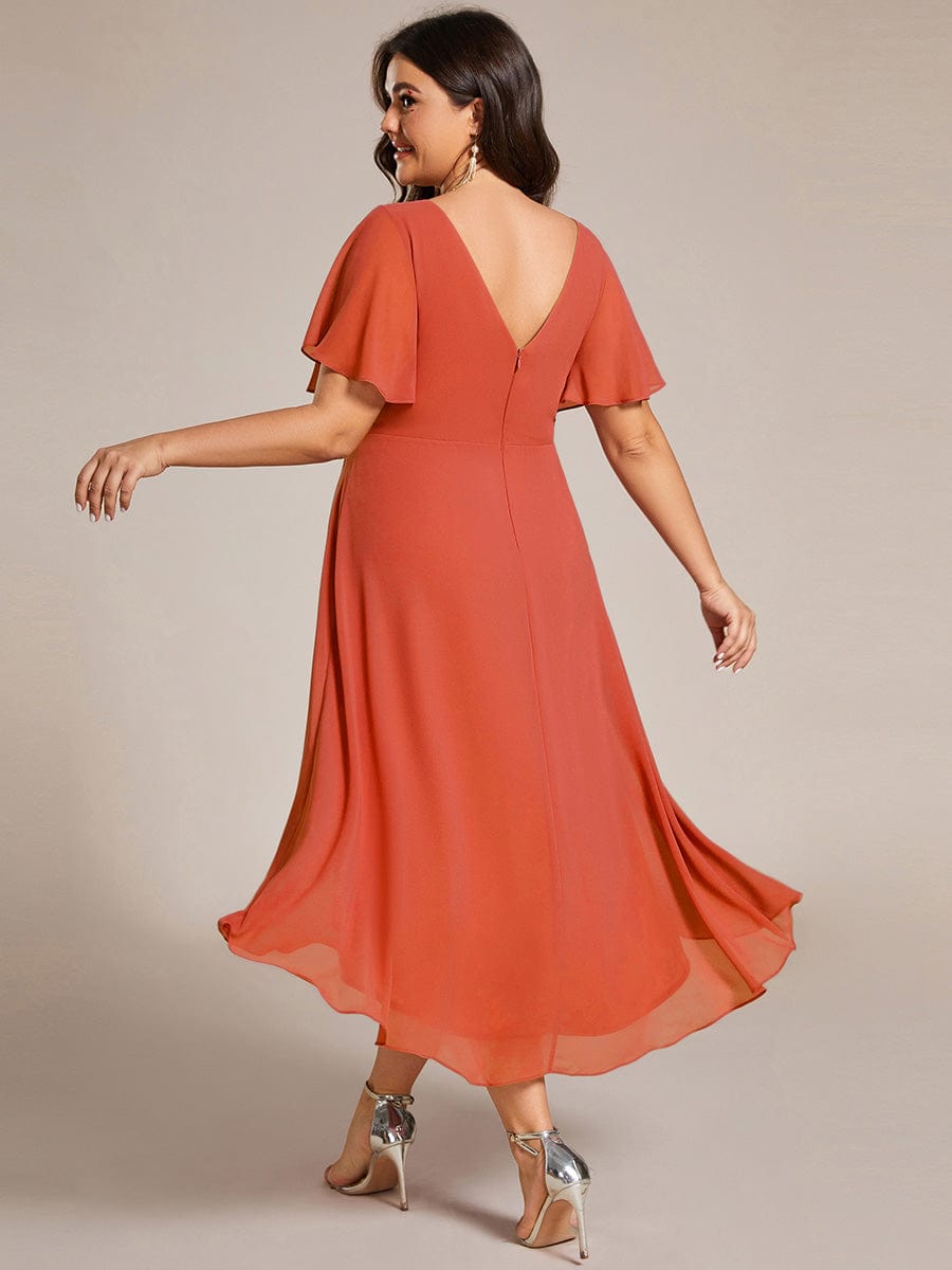 Plus Size V-Neck High-Low Chiffon Wedding Guest Dress #color_Burnt Orange