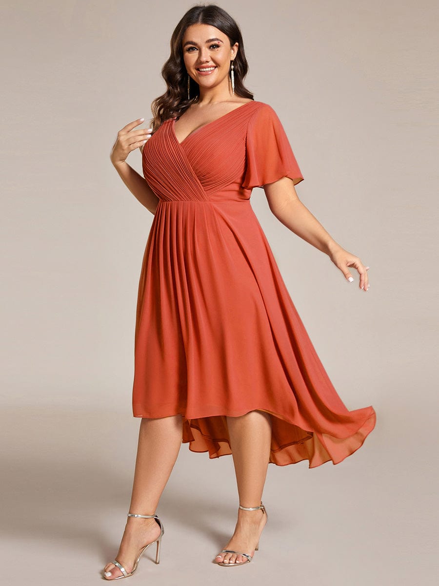 Plus Size V-Neck High-Low Chiffon Wedding Guest Dress #color_Burnt Orange