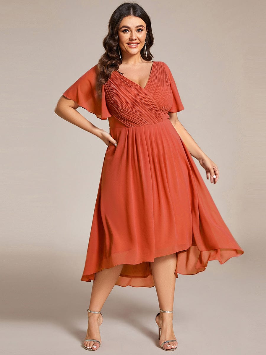 Chiffon Pleated V Neck High-Low Bridesmaid Dress #color_Burnt Orange