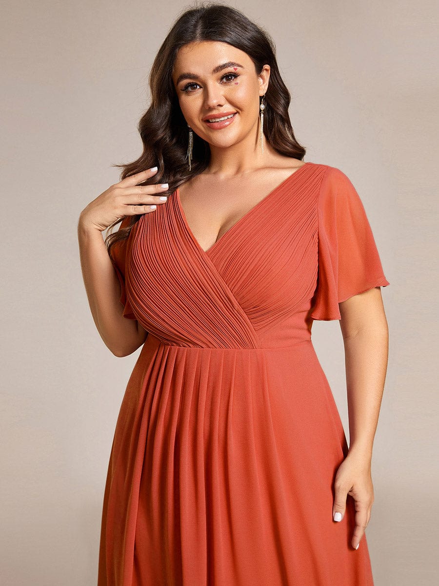 Chiffon Pleated V Neck High-Low Bridesmaid Dress #color_Burnt Orange