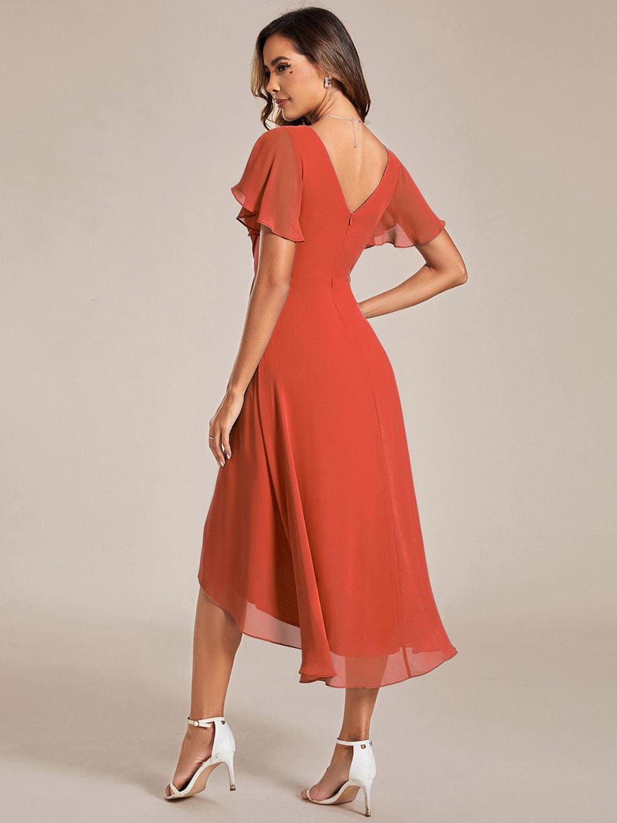 Chiffon Pleated V Neck High-Low Bridesmaid Dress #color_Burnt Orange