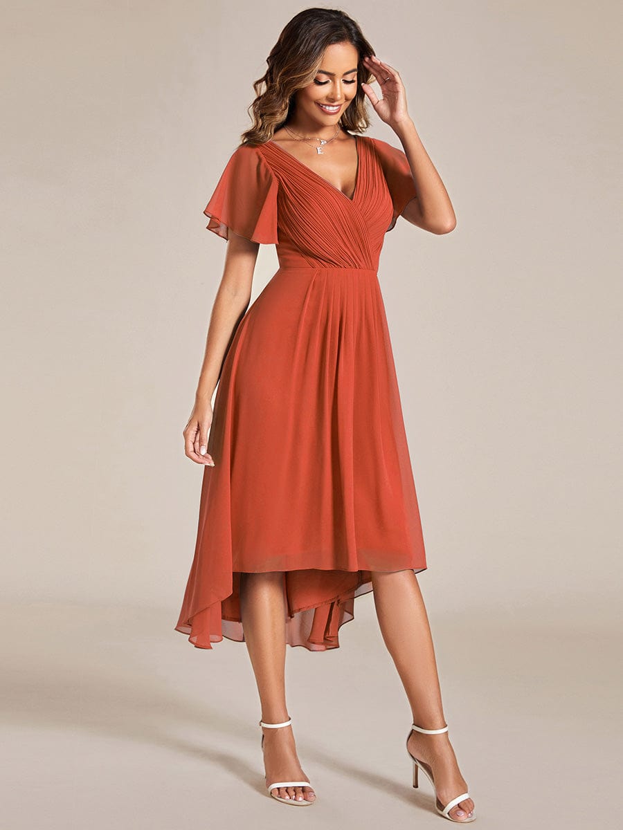 Chiffon Pleated V Neck High-Low Bridesmaid Dress #color_Burnt Orange