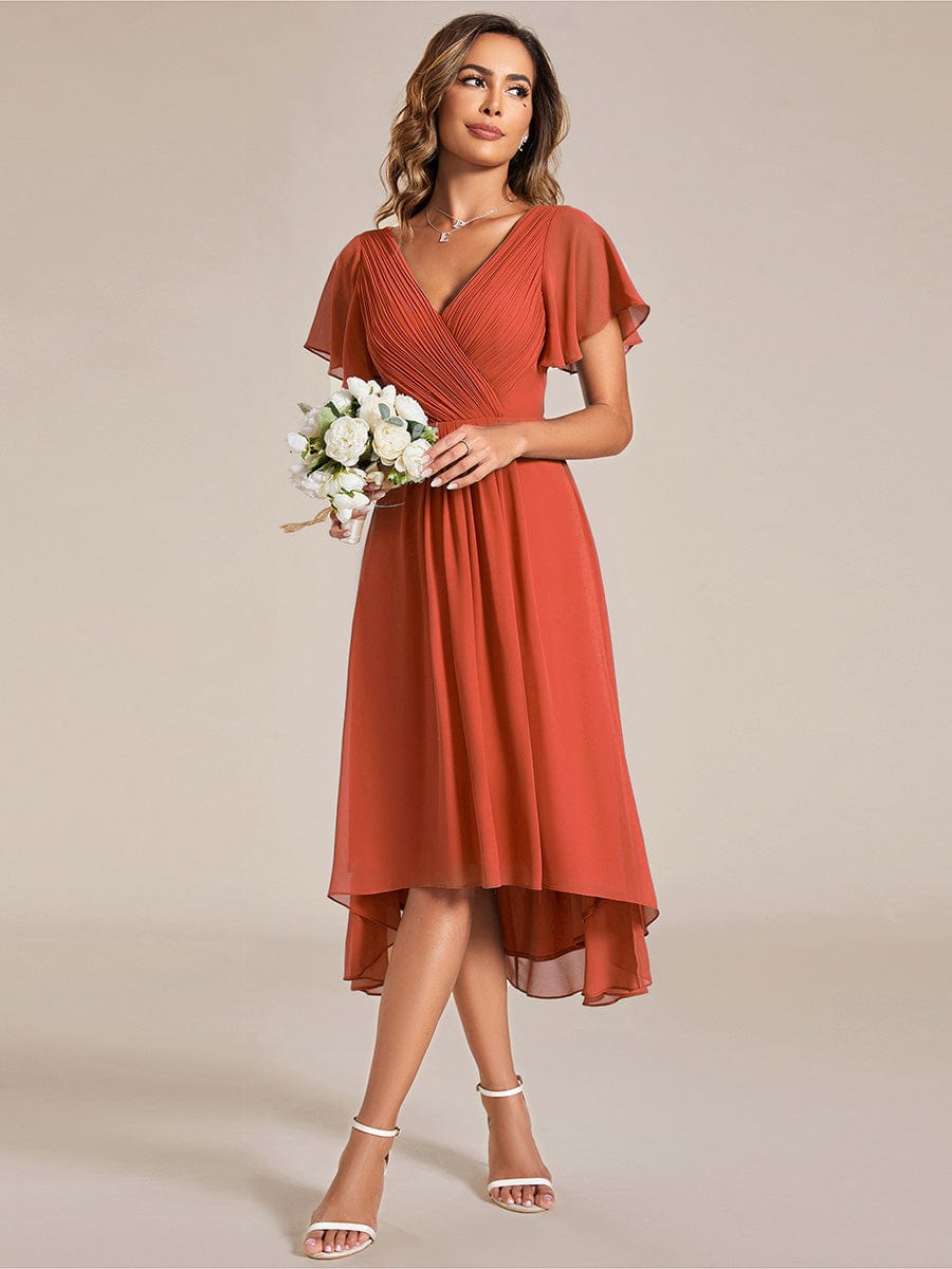 Chiffon Pleated V Neck High-Low Bridesmaid Dress #color_Burnt Orange