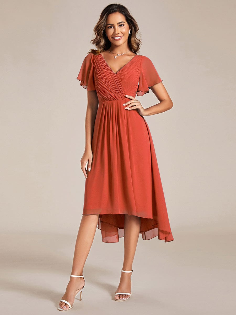 Chiffon Pleated V Neck High-Low Bridesmaid Dress #color_Burnt Orange