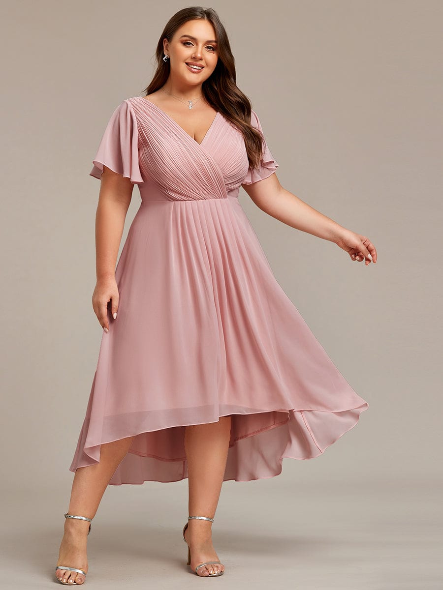 Chic V Neck High-Low Wedding Guest Dress #color_Dusty Rose