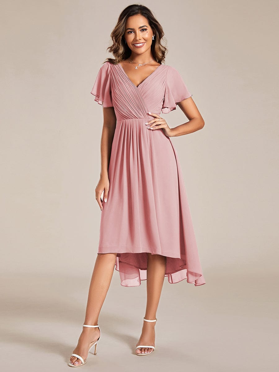 Chic V Neck High-Low Wedding Guest Dress #color_Dusty Rose