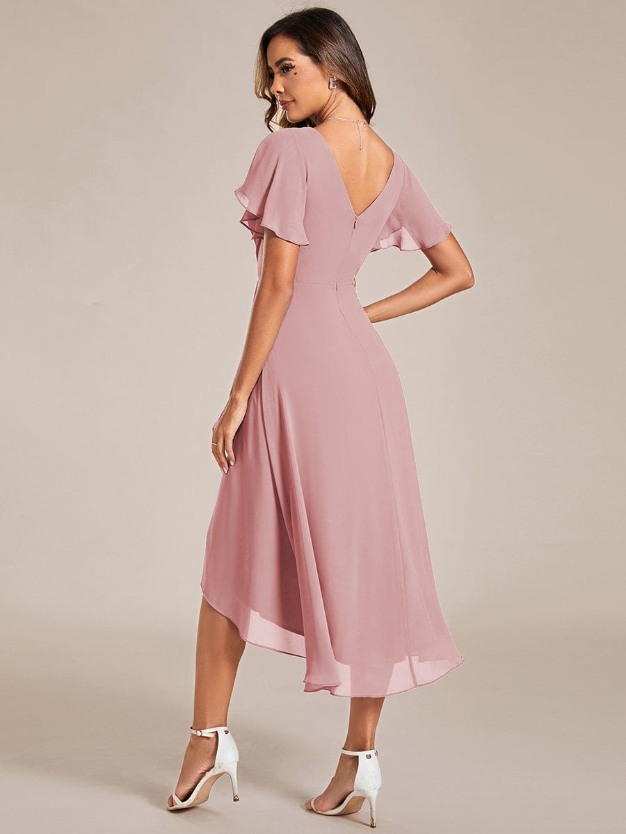 Chic V Neck High-Low Wedding Guest Dress #color_Dusty Rose