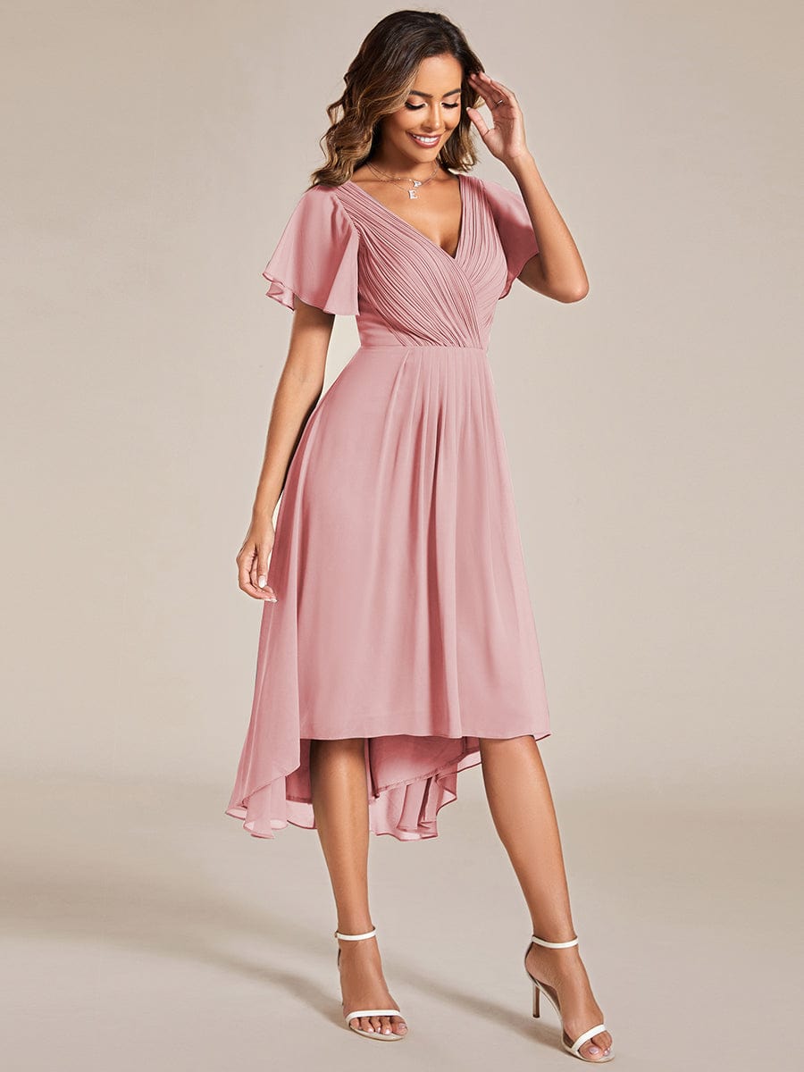 Chic V Neck High-Low Wedding Guest Dress #color_Dusty Rose