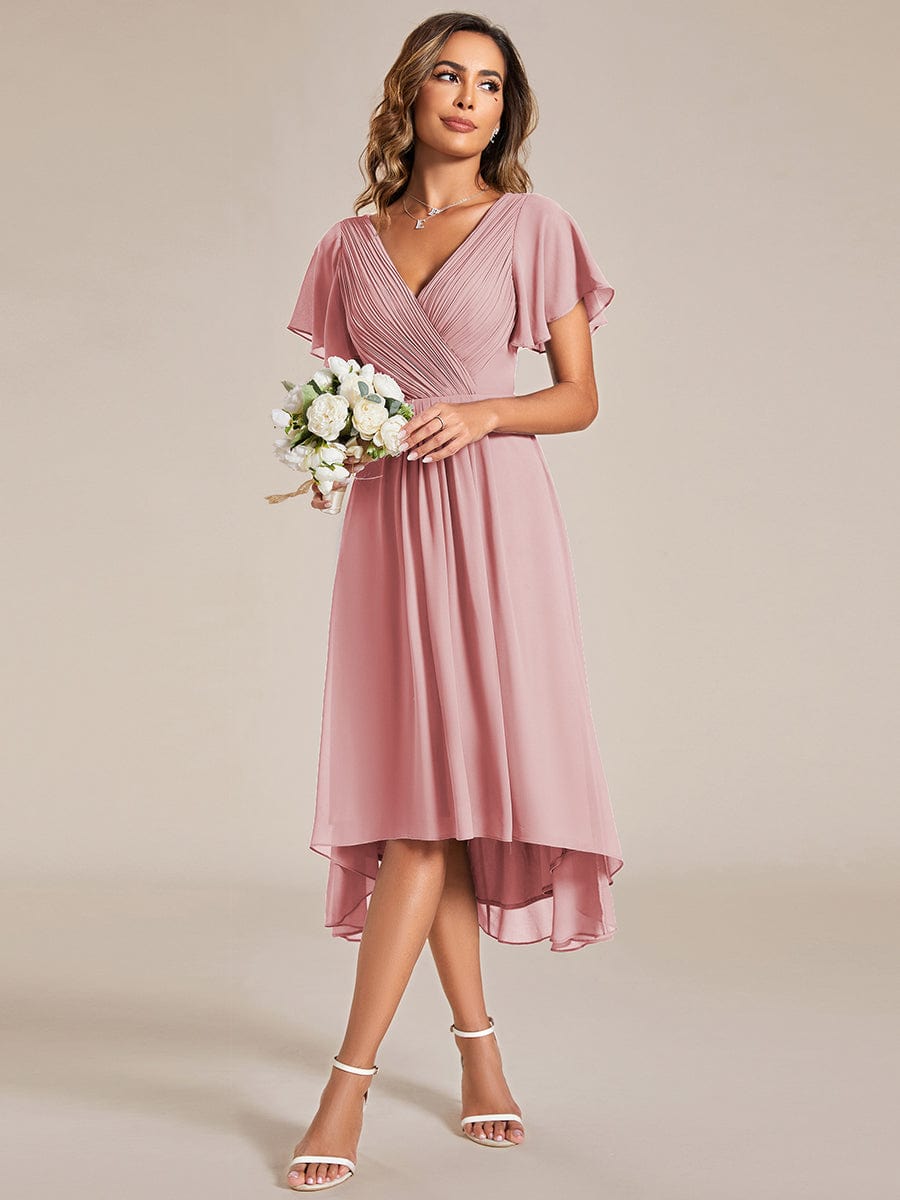 Chic V Neck High-Low Wedding Guest Dress #color_Dusty Rose