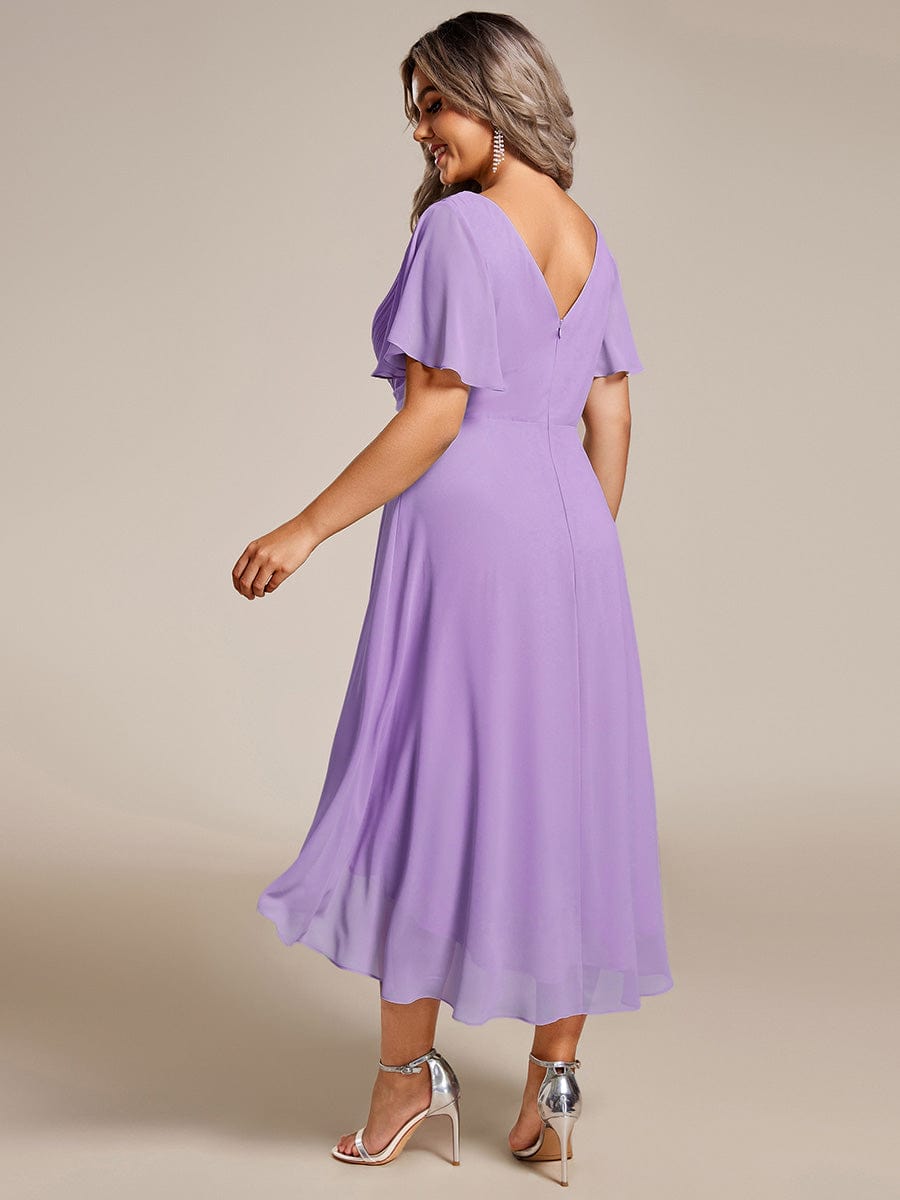 Chiffon Pleated V Neck High-Low Bridesmaid Dress #color_Lavender