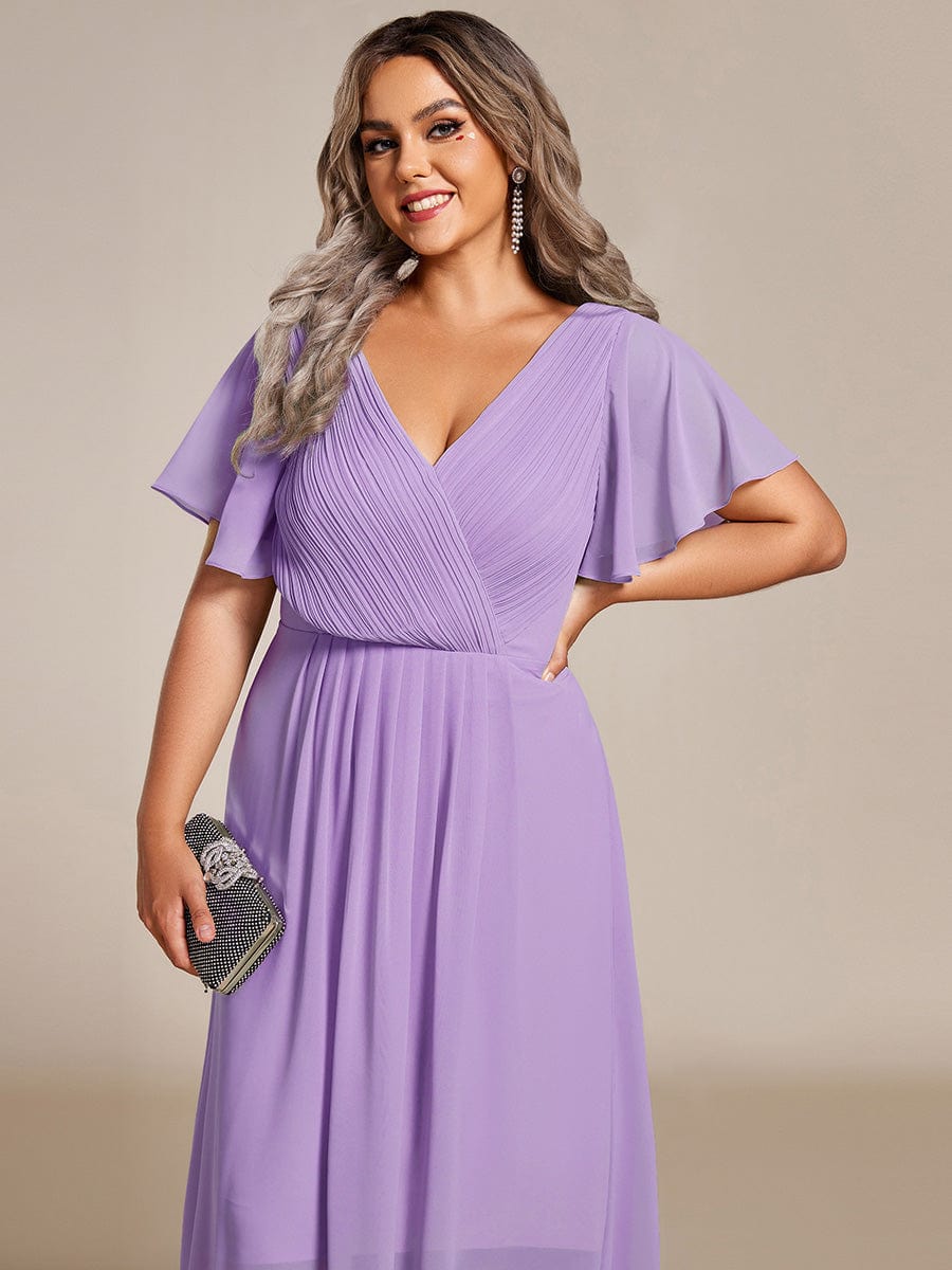 Plus Size V-Neck High-Low Chiffon Wedding Guest Dress #color_Lavender