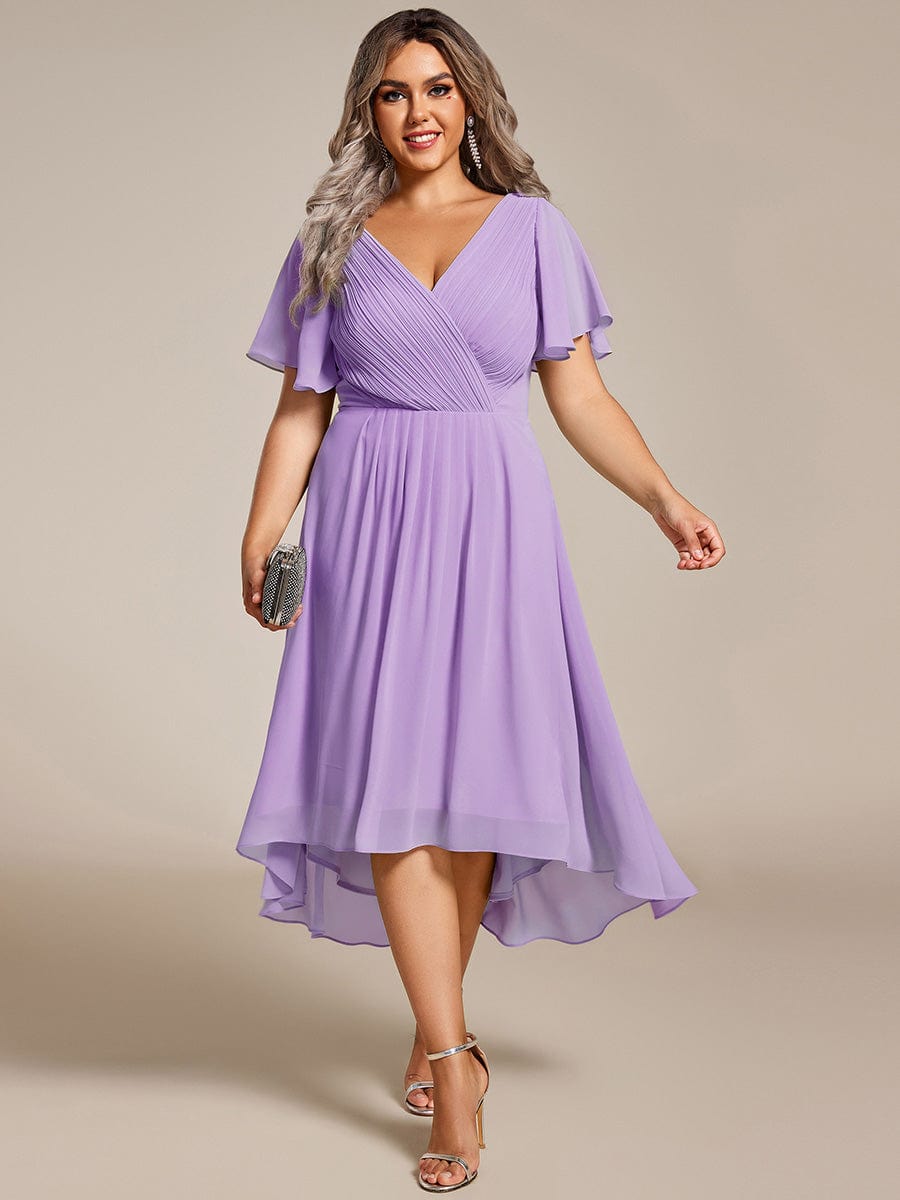Plus Size V-Neck High-Low Chiffon Wedding Guest Dress #color_Lavender