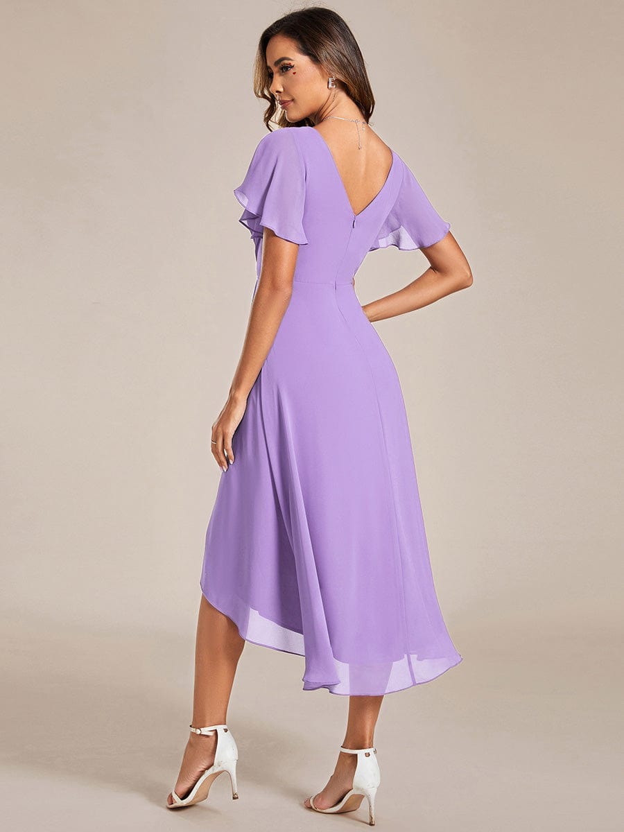 Chiffon Pleated V Neck High-Low Bridesmaid Dress #color_Lavender