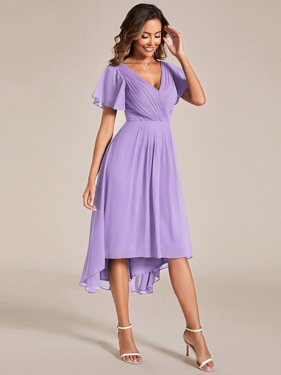 Chic V Neck High-Low Wedding Guest Dress #color_Lavender