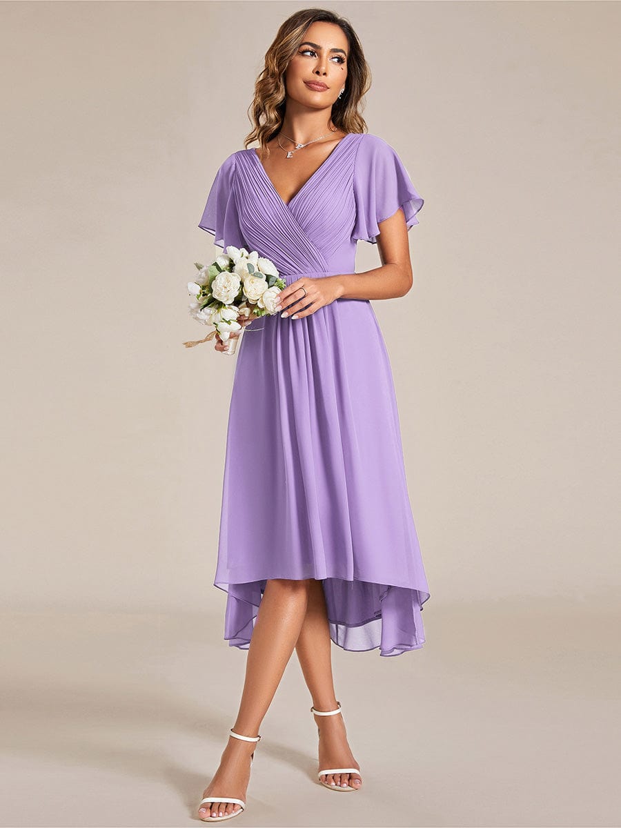 Chiffon Pleated V Neck High-Low Bridesmaid Dress #color_Lavender