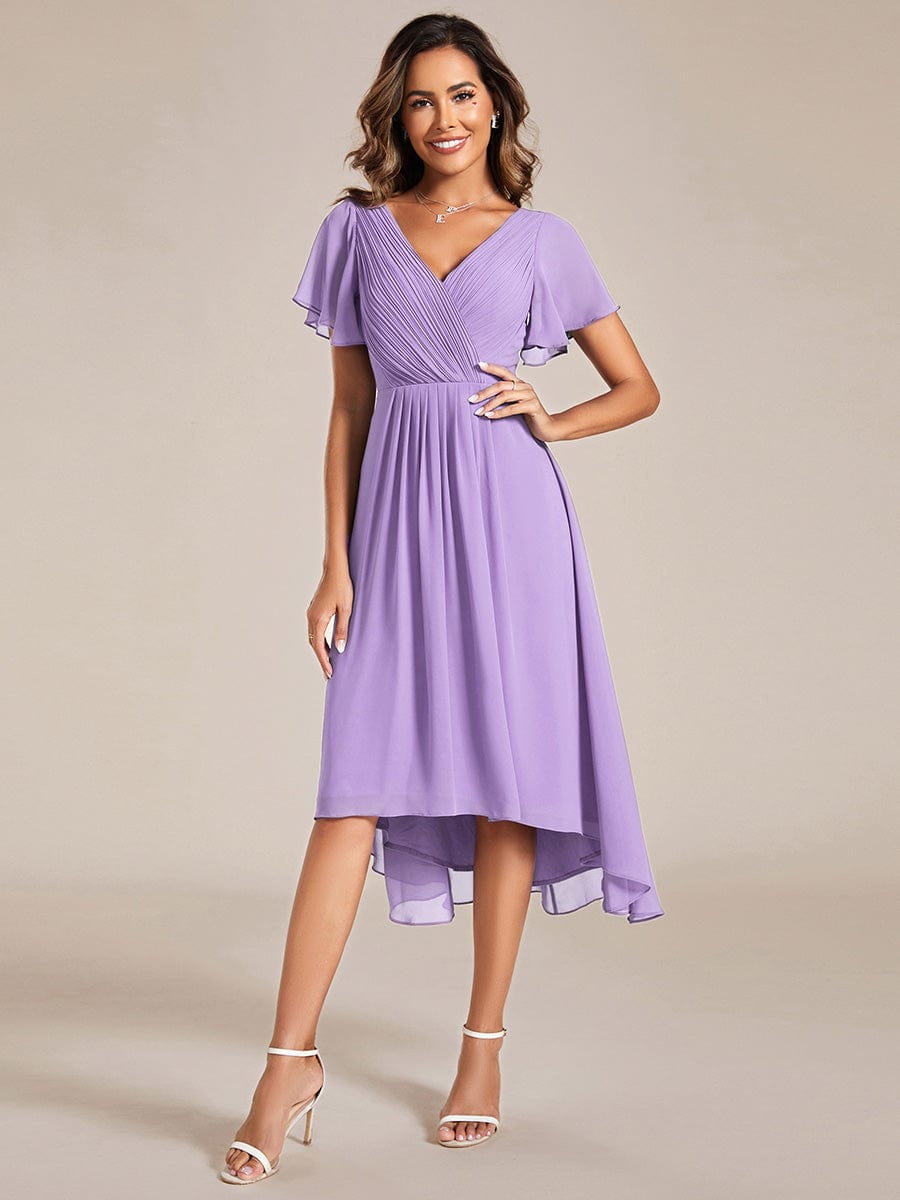 Chiffon Pleated V Neck High-Low Bridesmaid Dress #color_Lavender