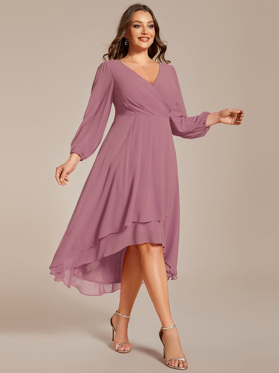 Elegant Long Sleeve V-Neck High Low Chiffon Wedding Guest Dress #color_Purple Orchid