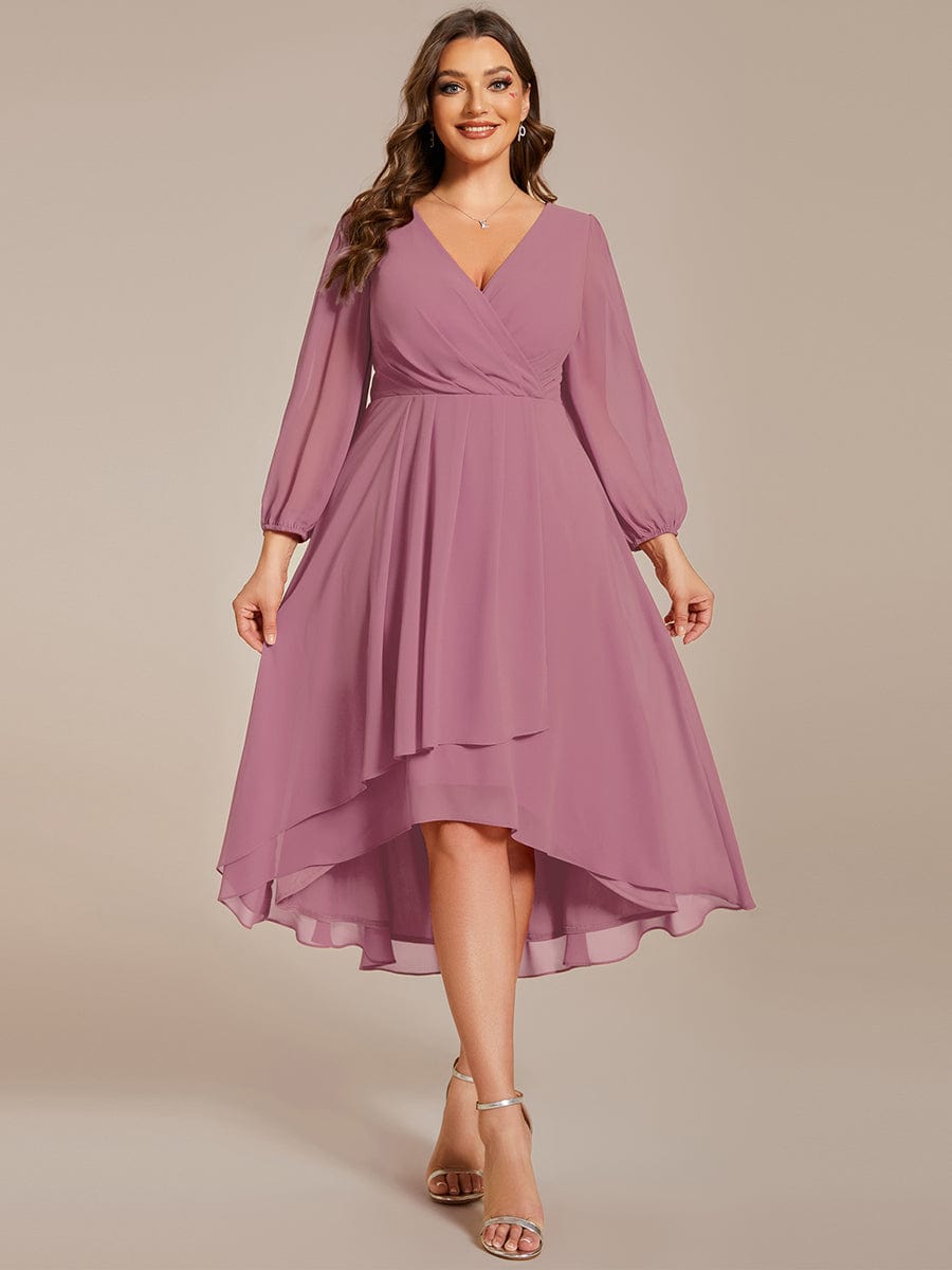 Elegant Long Sleeve V-Neck High Low Chiffon Wedding Guest Dress #color_Purple Orchid