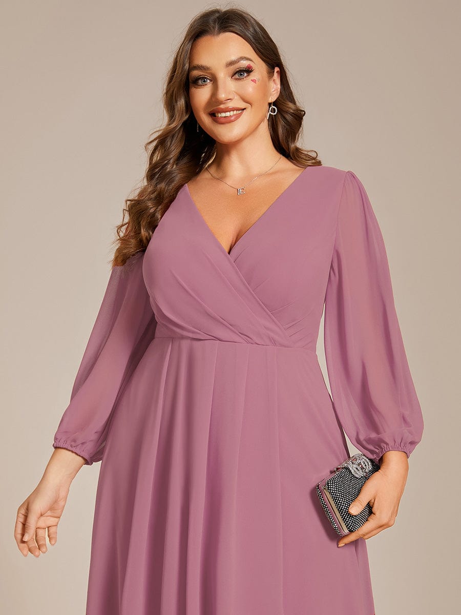 Elegant Long Sleeve V-Neck High Low Chiffon Wedding Guest Dress #color_Purple Orchid