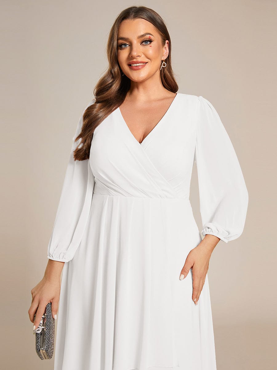 Elegant Long Sleeve V-Neck High Low Chiffon Wedding Guest Dress #color_White