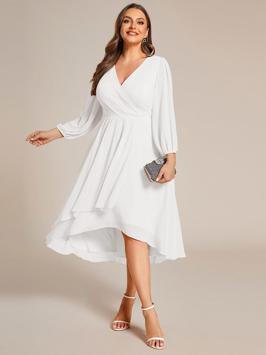 Elegant Long Sleeve V-Neck High Low Chiffon Wedding Guest Dress #color_White