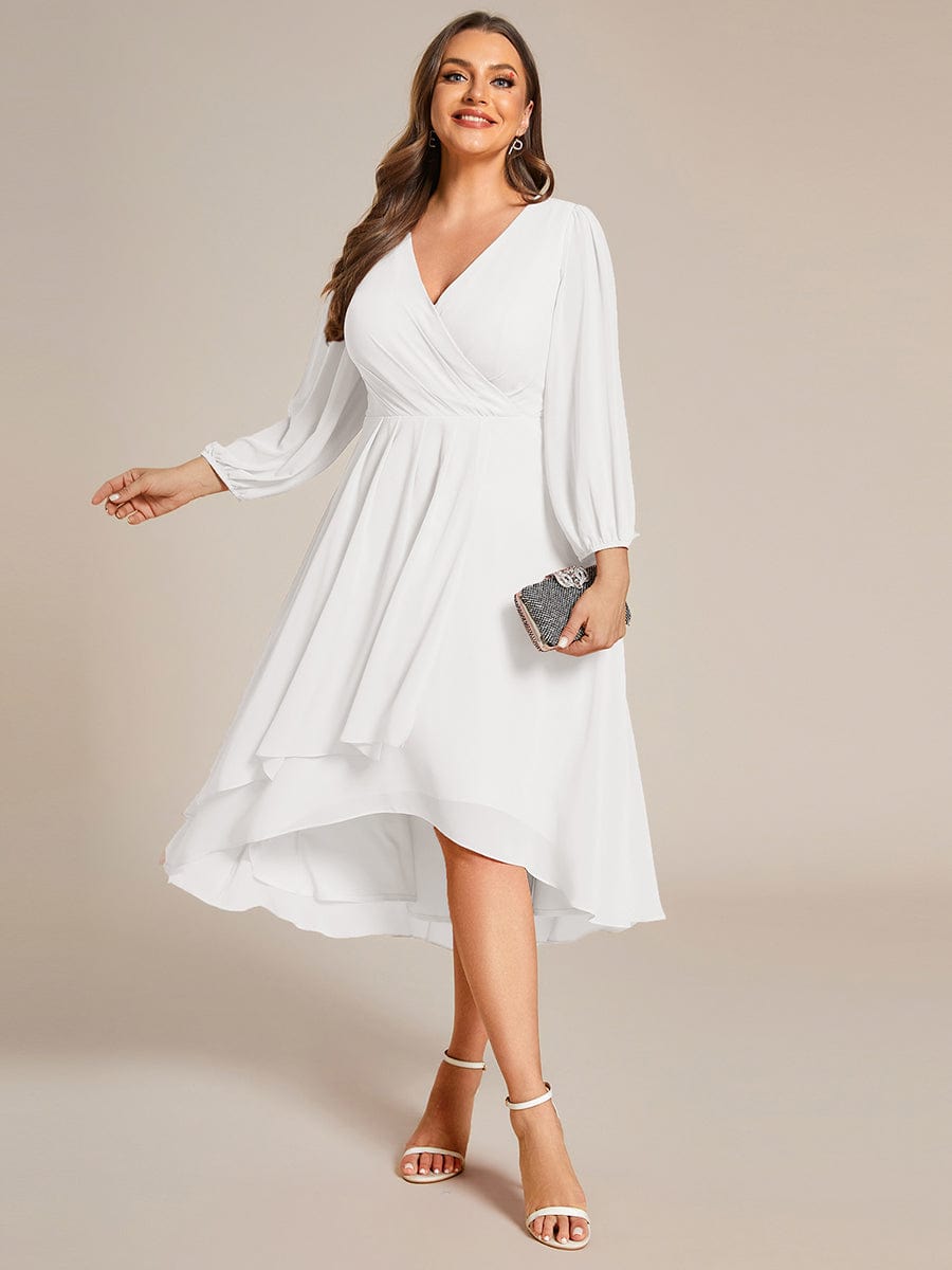 Custom Size Elegant Long Sleeve V-Neck High Low Chiffon Wedding Guest Dress #color_White