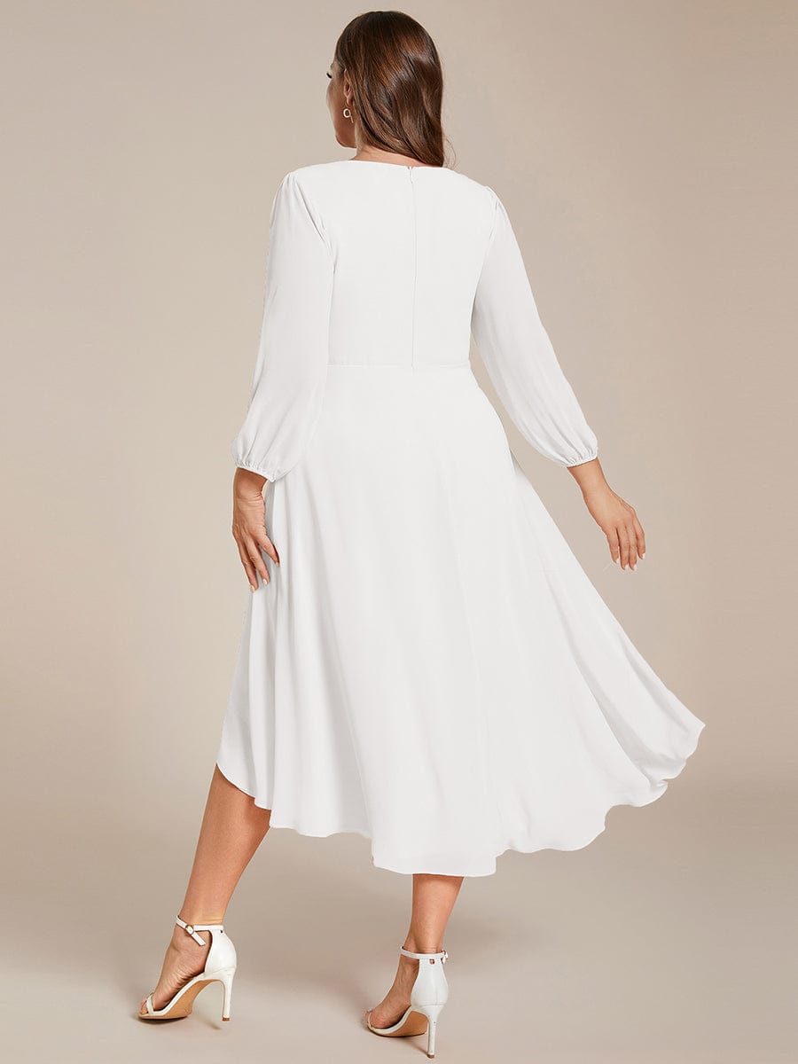 Plus Size Long Sleeve V-Neck Chiffon High Low Wedding Guest Dress #color_White