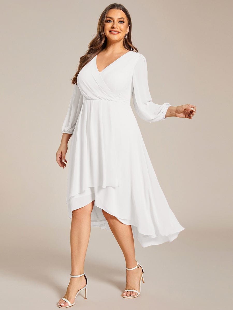 Plus Size Long Sleeve V-Neck Chiffon High Low Wedding Guest Dress #color_White