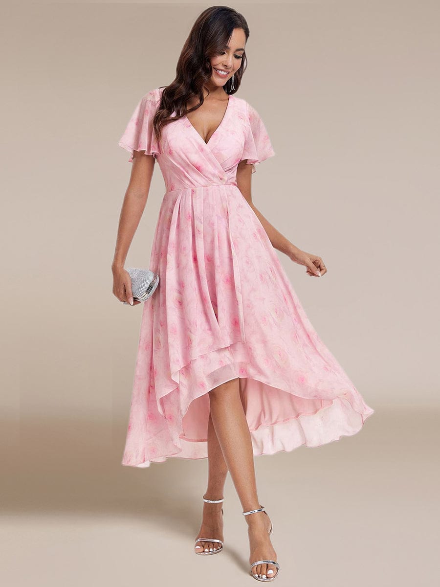 Chiffon Elegance Short Sleeve High-Low Wedding Guest Dress #color_Light Purple Roses