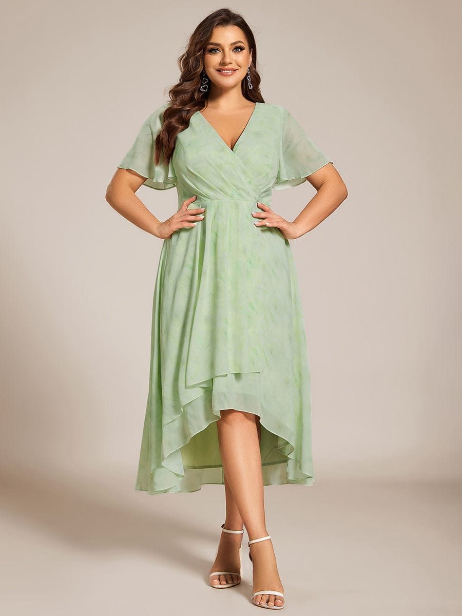 Chiffon Elegance Short Sleeve High-Low Wedding Guest Dress #color_Light Green Roses