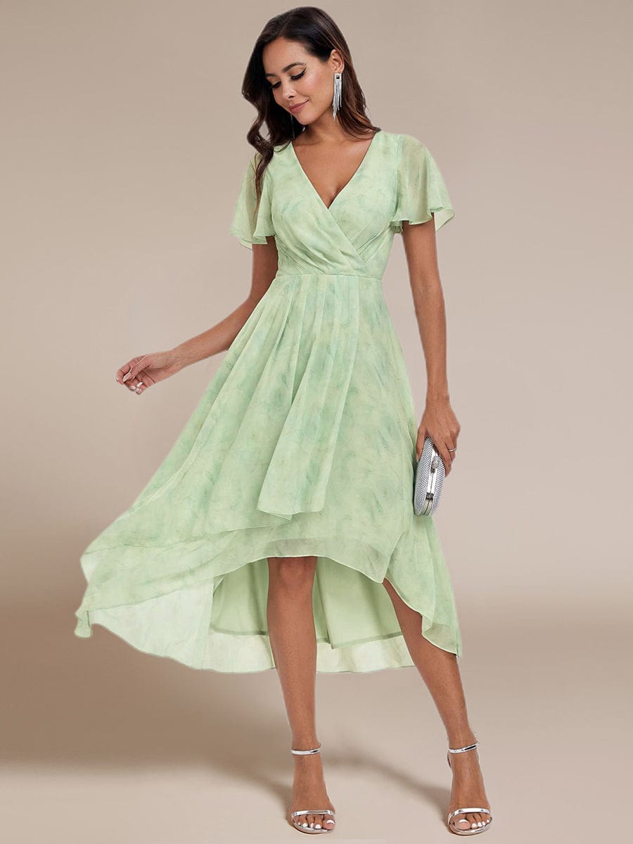 Chiffon Elegance Short Sleeve High-Low Wedding Guest Dress #color_Light Green Roses