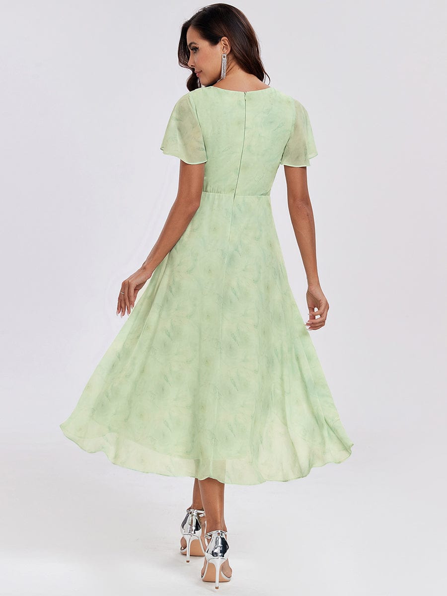 Chiffon Elegance Short Sleeve High-Low Wedding Guest Dress #color_Light Green Roses