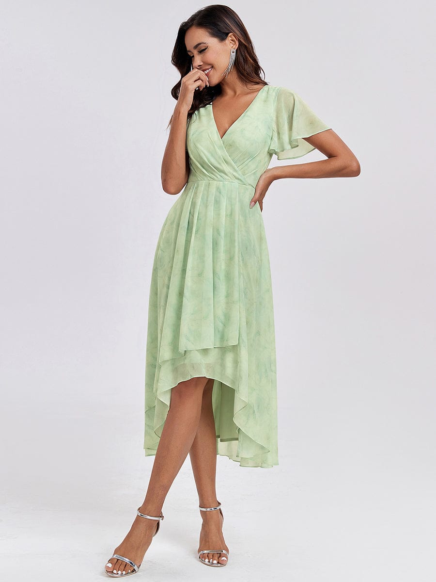 Chiffon Elegance Short Sleeve High-Low Wedding Guest Dress #color_Light Green Roses