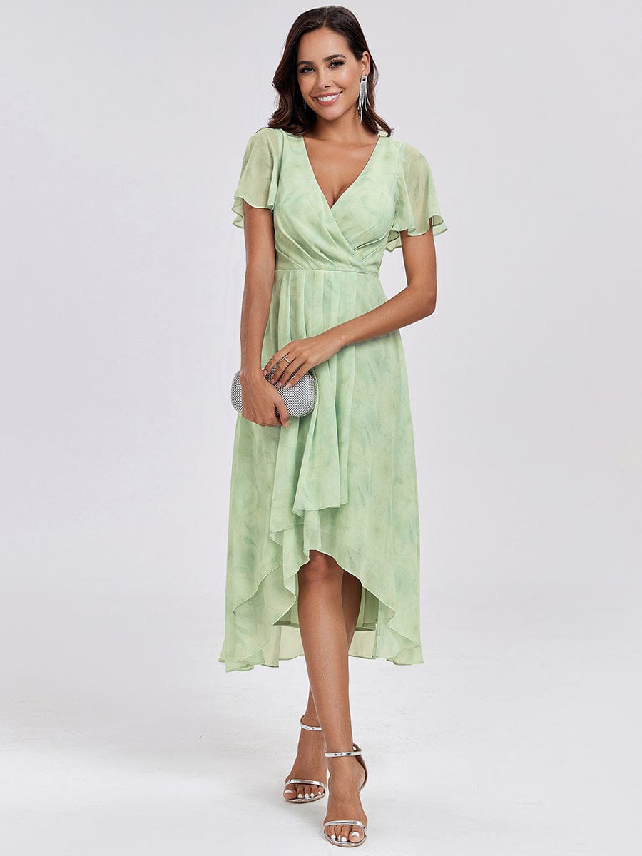 Chiffon Elegance Short Sleeve High-Low Wedding Guest Dress #color_Light Green Roses