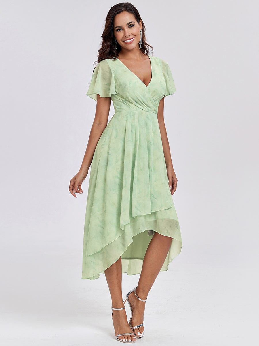 Chiffon Elegance Short Sleeve High-Low Wedding Guest Dress #color_Light Green Roses