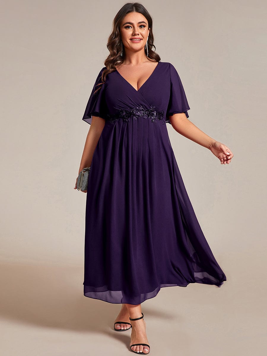 V-Neck Chiffon Wedding Guest Dress with Waist Applique #color_Dark Purple