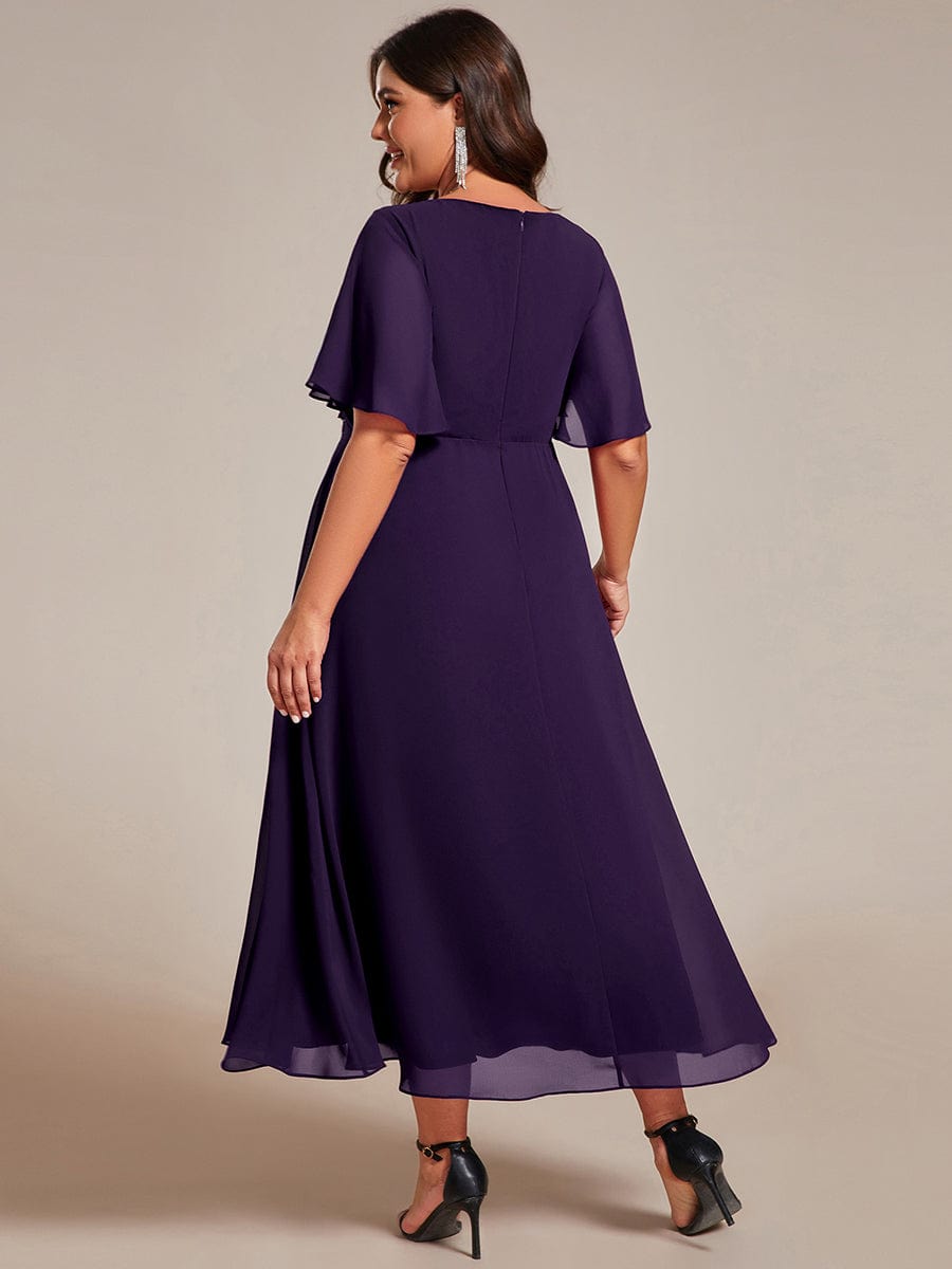 V-Neck Chiffon Wedding Guest Dress with Waist Applique #color_Dark Purple